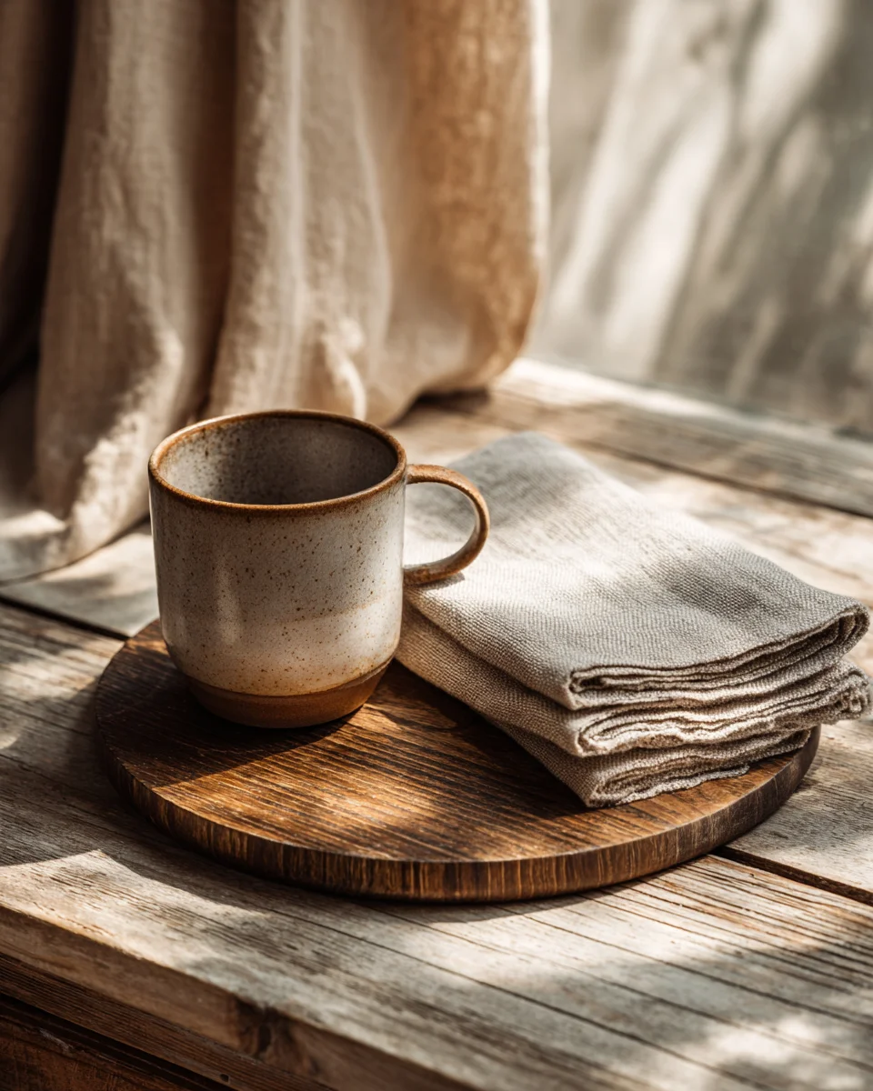 Einzelne handgemachte Keramiktasse auf Holzuntersetzer im Morgenlicht