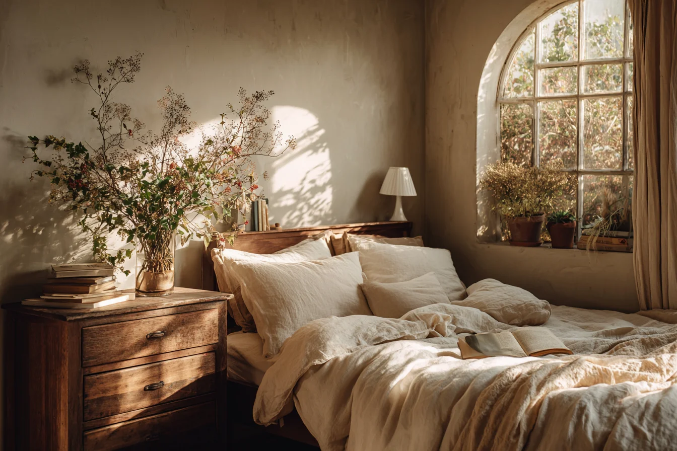 Nachhaltig eingerichtetes Schlafzimmer mit Leinenbettwäsche und Vintage-Nachttisch