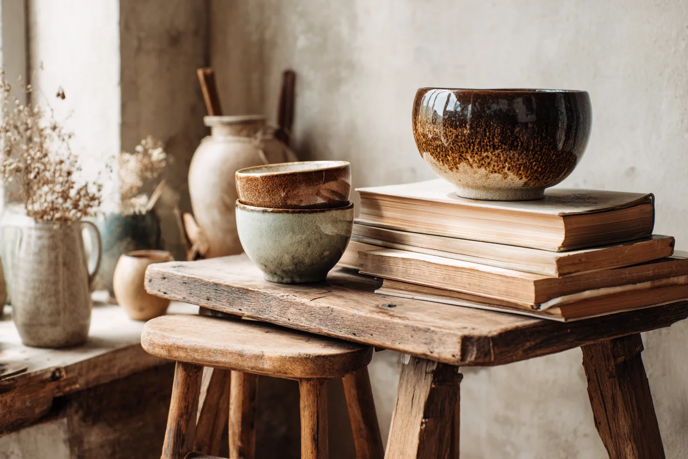 Flohmarkt-Fundstücke auf Holztisch mit Vintage-Keramik und alten Büchern