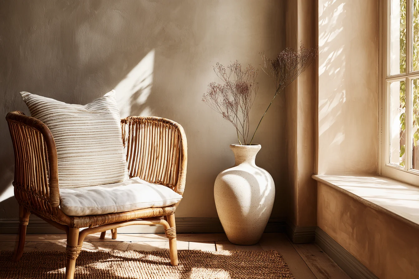 Nahaufnahme von Leinenkissen auf Rattanstuhl mit Juteteppich und Keramikvase