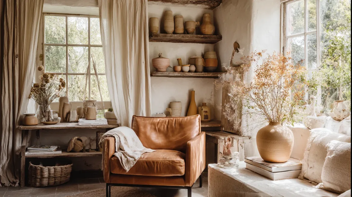 Nachhaltig Einrichten - Wohnzimmer mit Vintage-Sessel, Flohmarkt-Keramik und Naturmaterialien