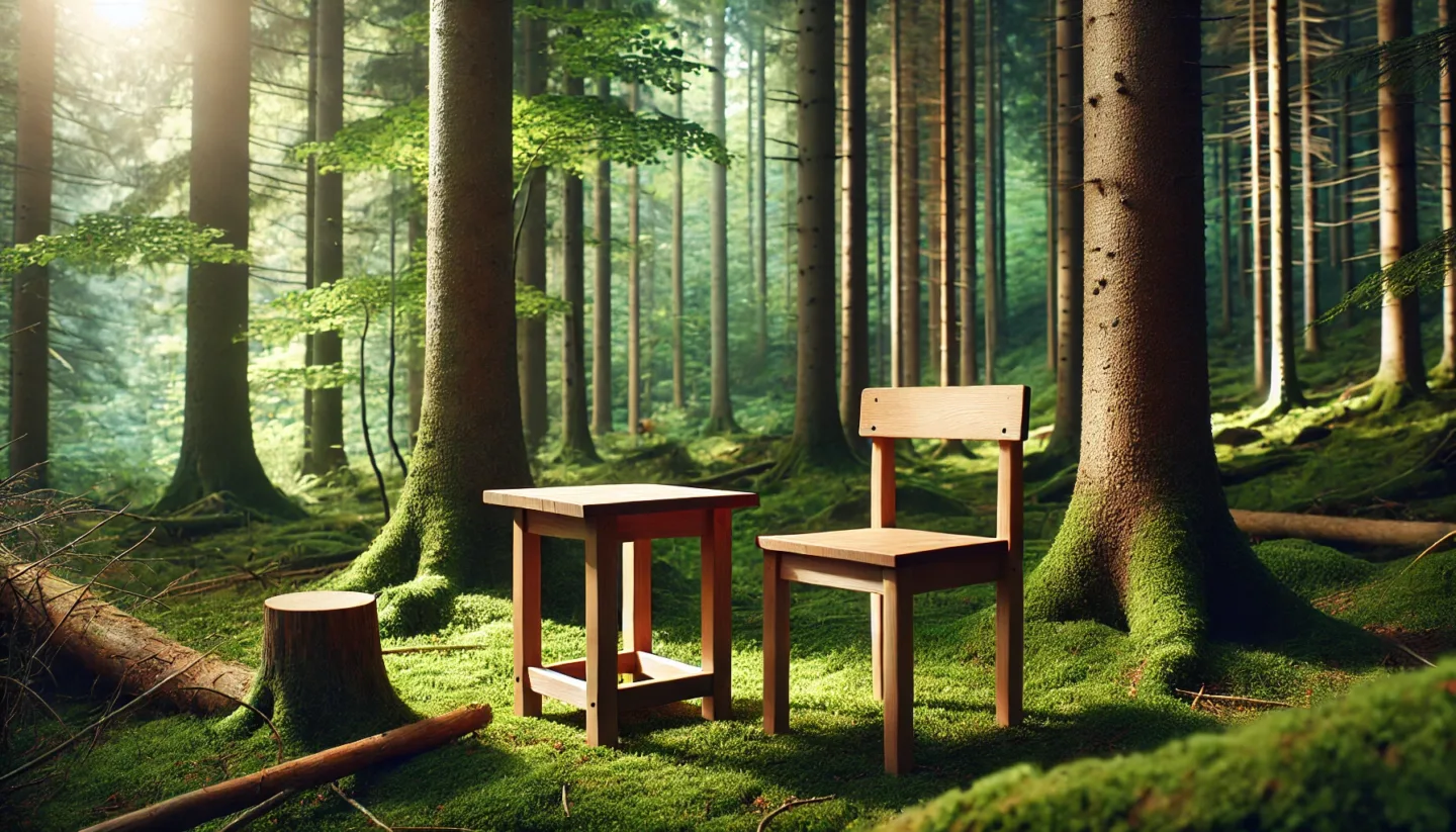 Nachhaltig Einrichten - a single wooden furniture piece placed in a serene forest environment