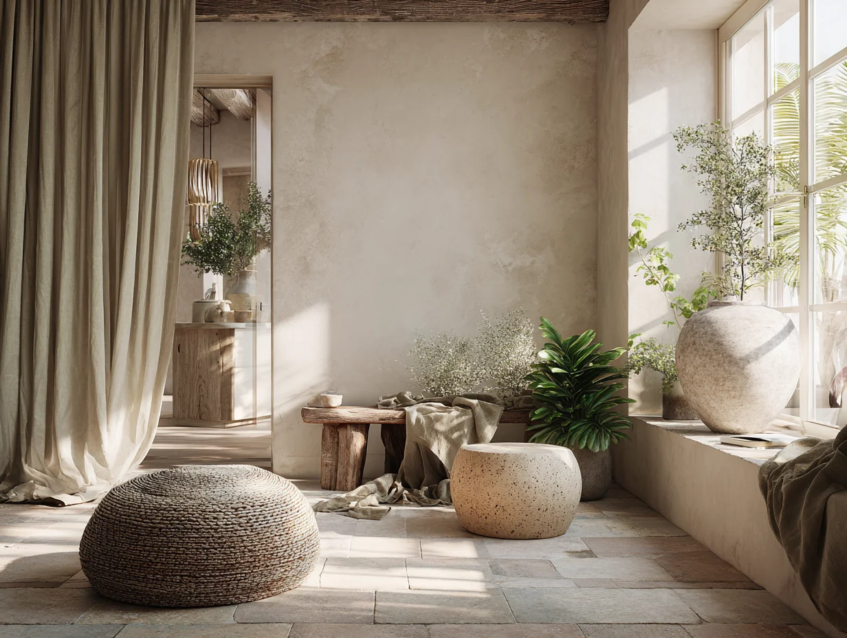 Detailaufnahme von handgemachten Terrakotta-Fliesen, einem Hocker aus massivem Kork und einem Leinenvorhang - nachhaltige Materialien im Interior - mit KI visualisiert