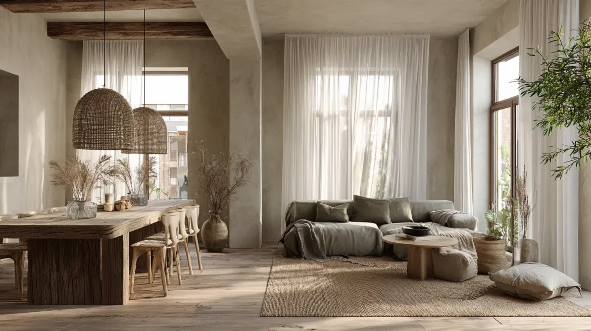 Nachhaltig eingerichtetes Wohnzimmer im Laid-Back Luxury Stil mit Vintage-Holztisch, Leinensofa und Hanfteppich – ökologisches Wohnen – mit KI visualisiert