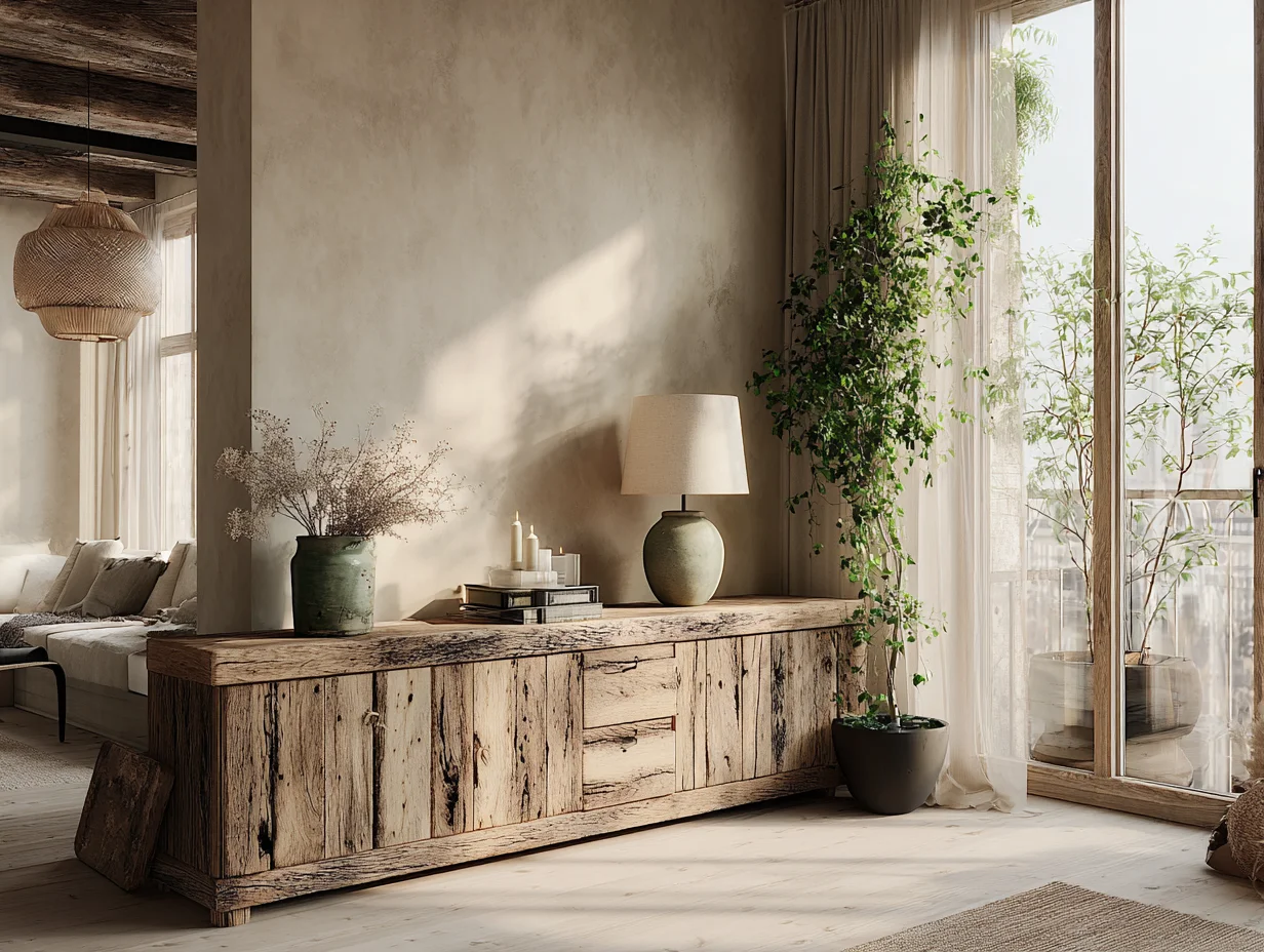 Detailaufnahme eines Sideboards aus recyceltem Altholz mit sichtbarer Maserung und handgemachter Keramiklampe – Upcycling Möbel – mit KI visualisiert
