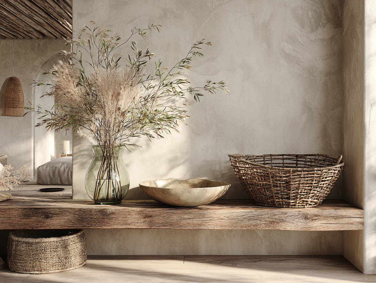 Handgeflochtener Rattan-Korb und unglasierte, handgemachte Wabi-Sabi Keramikschale auf einem Holzregal – traditionelles Handwerk – mit KI visualisiert!