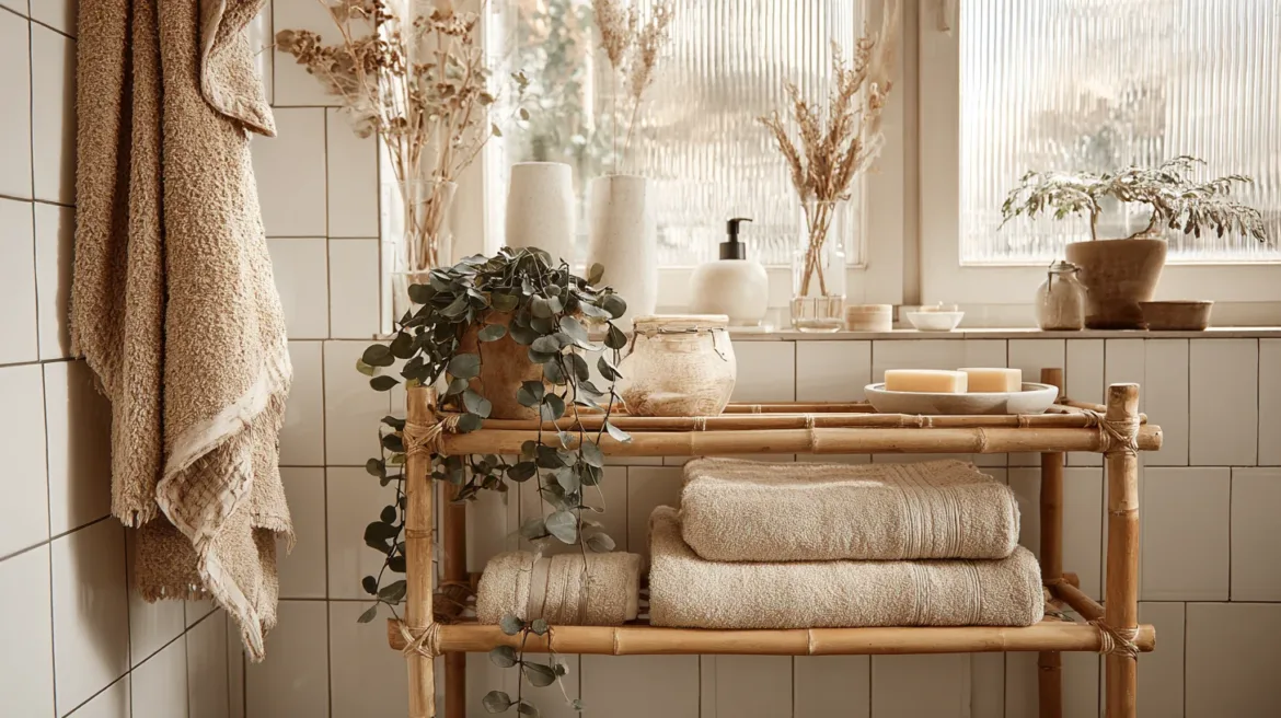 Badezimmermöbel aus Bambus – schlankes Bambusregal mit Handtüchern und Pflanze im kompakten Badezimmer - mi KI visualisiert.