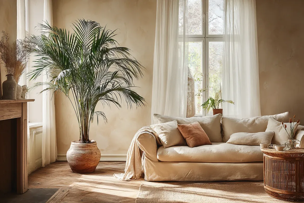 Kentia-Palme als Zimmerpflanze neben Leinensofa in warmem Wohnzimmer – mit KI visualisiert