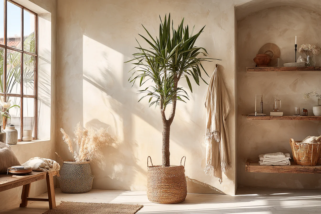 Yucca-Palme als Zimmerpflanze mit markanten Schwertblättern in minimalistischem Raum – mit KI visualisiert