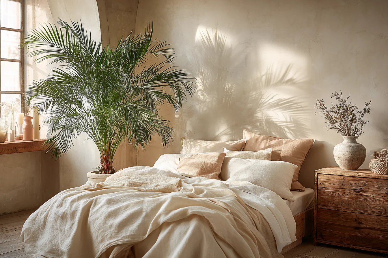 Kentia-Palme als Zimmerpflanze neben Bett mit Leinenbettwäsche im Abendlicht – mit KI visualisiert