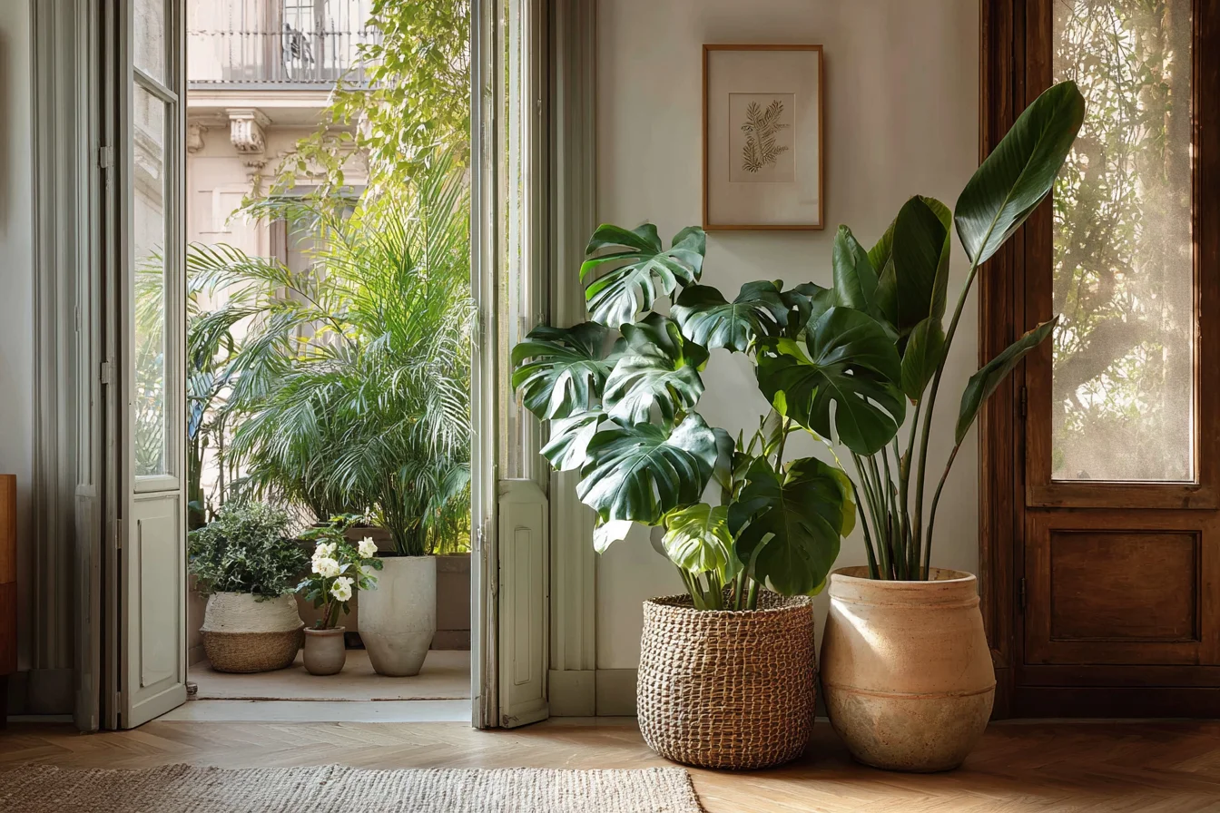 Monstera und Strelitzie als grüner Raumteiler in kompakter Wohnung