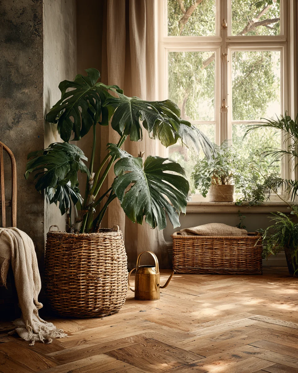 Pflanzenpflege mit Messingießkanne neben Monstera in Wohnung