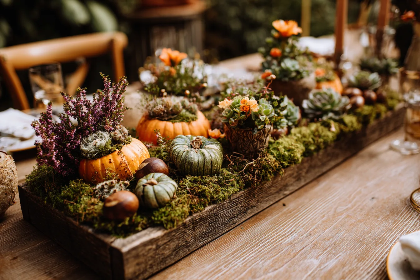 Herbstliches Tisch-Centerpiece mit Pflanzen und Naturmaterialien