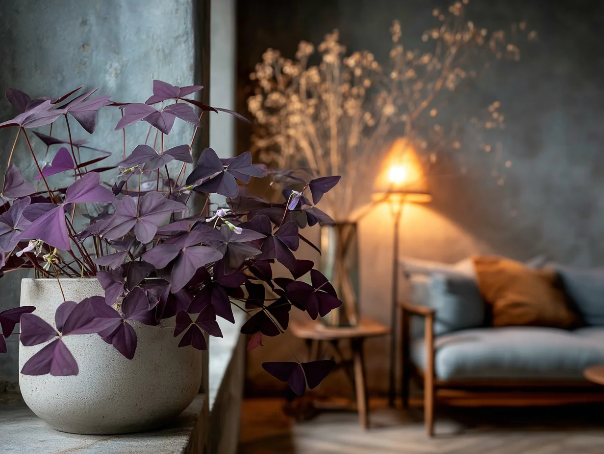 Ein buschiger, dreieckiger Glücksklee mit tiefvioletten Blättern in einem hellgrauen Betontopf, stimmungsvoll beleuchtet von einer warmen Stehlampe - mit KI visualisiert