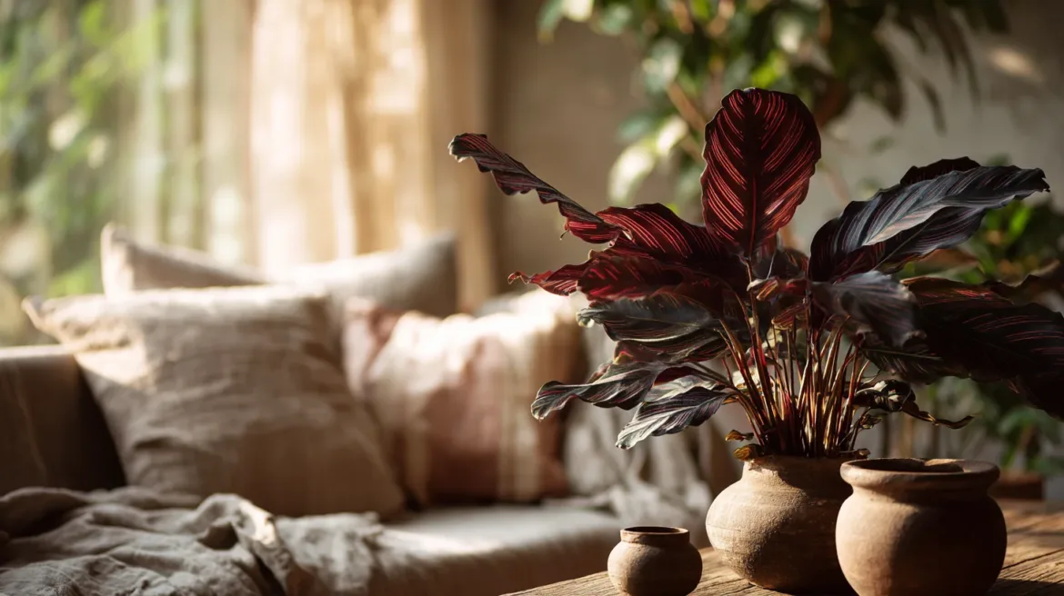 Herbstdeko mit Pflanzen - Eine Nahaufnahme der Calathea rufibarba mit dunkelroten Blattunterseiten in einem rustikalen Terrakotta-Topf vor einem Leinensofa - mit KI visualisiert