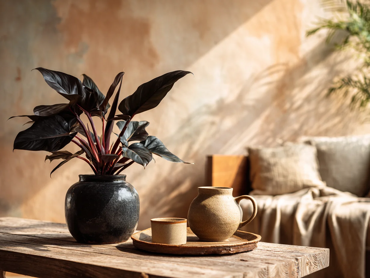 Ein Philodendron Black Cardinal mit fast schwarzen, glänzenden Blättern auf einem Holztisch, daneben gefaltetes Leinen und eine Keramikvase - mit KI visualisiert