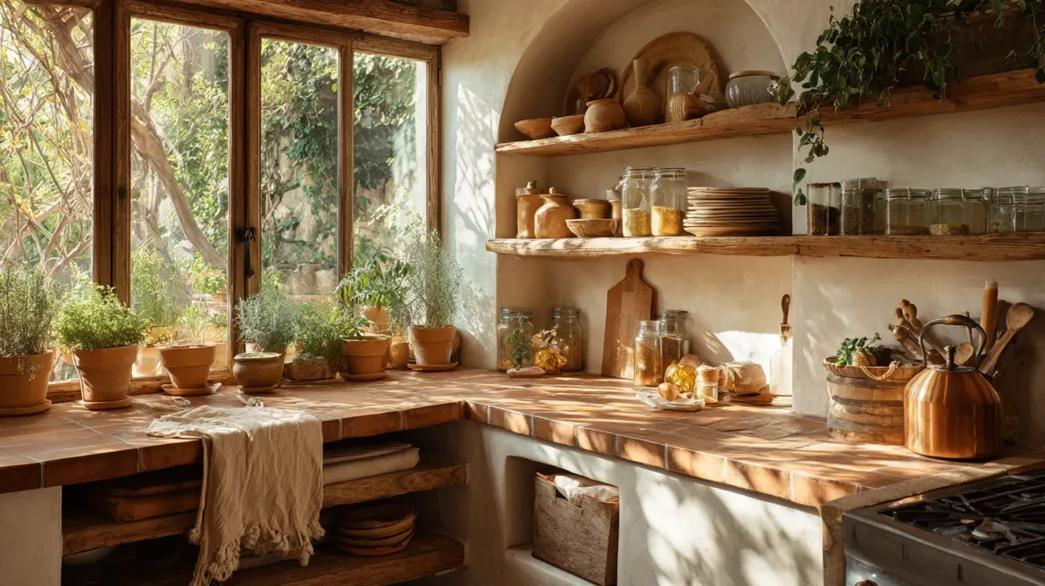 Küche mit offenen Holzregalen, Kräutertöpfen und Morgenlicht auf Terrakotta-Boden - mit KI visualisiert.