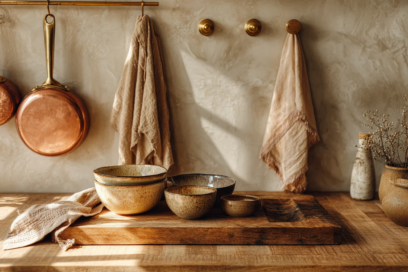 Küchendetail mit Holzschneidebrett, handgemachten Keramikschalen und Messinghaken