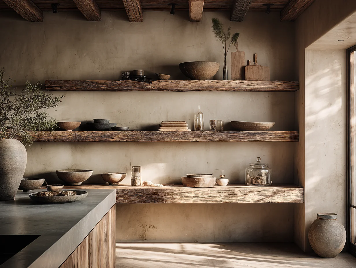 Offenes Küchenregal aus Holz mit handgemachter Keramik im Wabi-Sabi-Stil - visuelle Ruhe in der Küche - mit KI visualisiert Offenes Küchenregal aus Holz mit handgemachter Keramik im Wabi-Sabi-Stil - visuelle Ruhe in der Küche - mit KI visualisiert