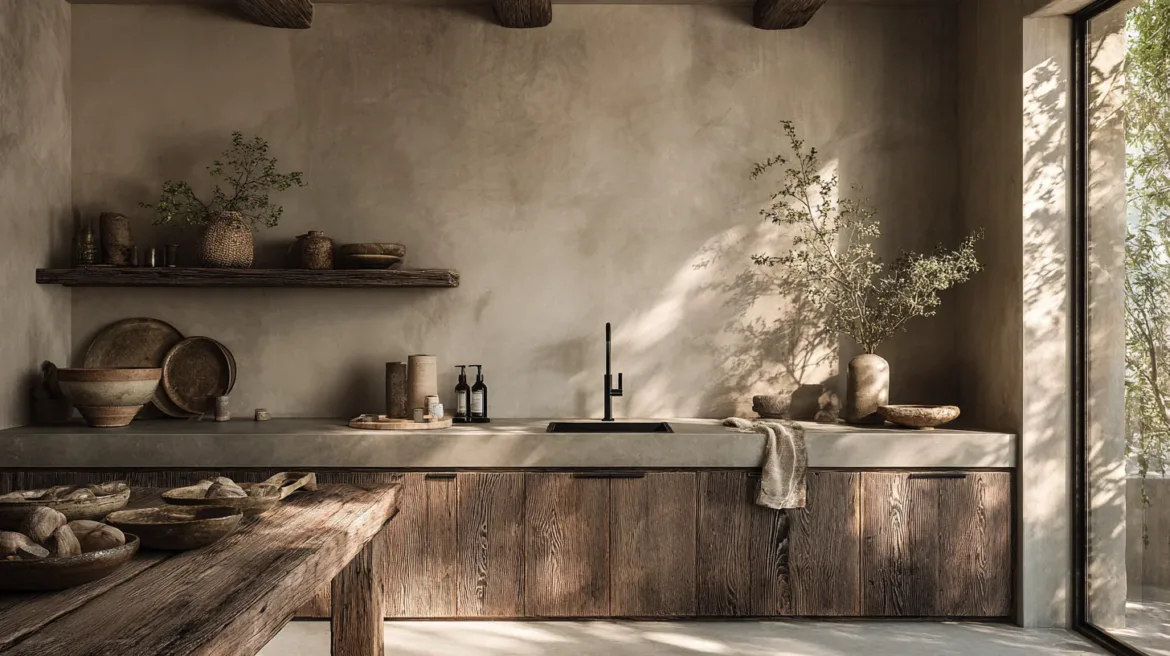 Moderne Küche im Laid-back Luxury Stil mit Beton-Arbeitsplatte, Fronten aus rauem Holz und schwarzer Armatur - Urlaubsgefühl zu Hause - mit KI visualisiert