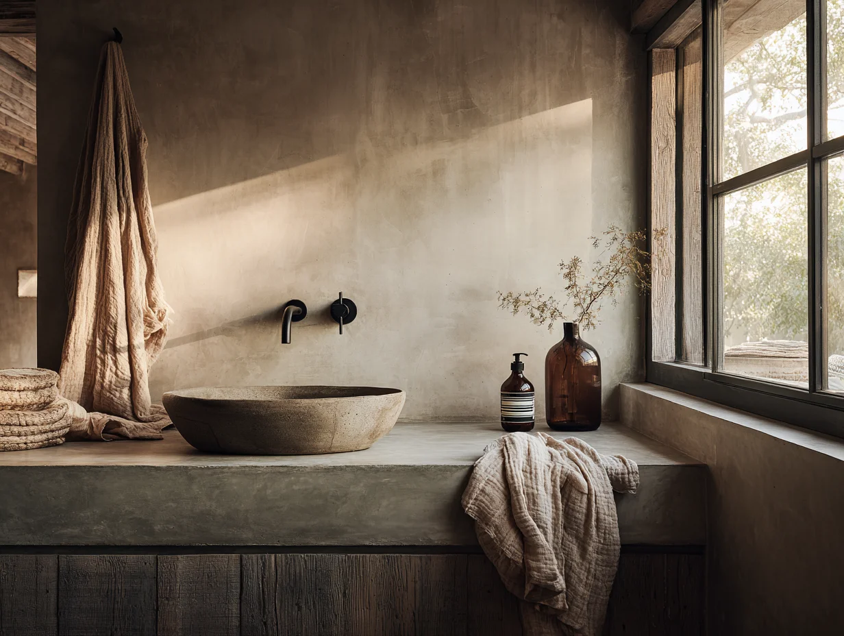 Küchenspüle aus Beton mit schwarzem Wasserhahn, Leinentuch und Naturkosmetik-Seifenspender - Haptik in der Küche - mit KI visualisiert Küchenspüle aus Beton mit schwarzem Wasserhahn, Leinentuch und Naturkosmetik-Seifenspender - Haptik in der Küche - mit KI visualisiert