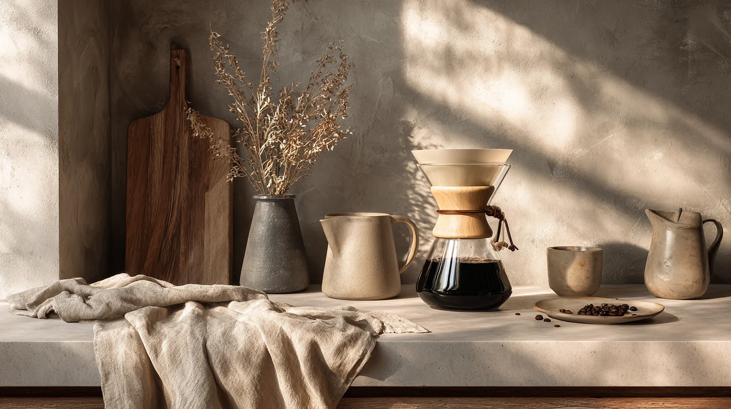 Ein handgemachtes Kaffeebereiter-Set aus Keramik auf einer Natursteinarbeitsplatte, daneben liegt ein drapiertes Leinentuch.