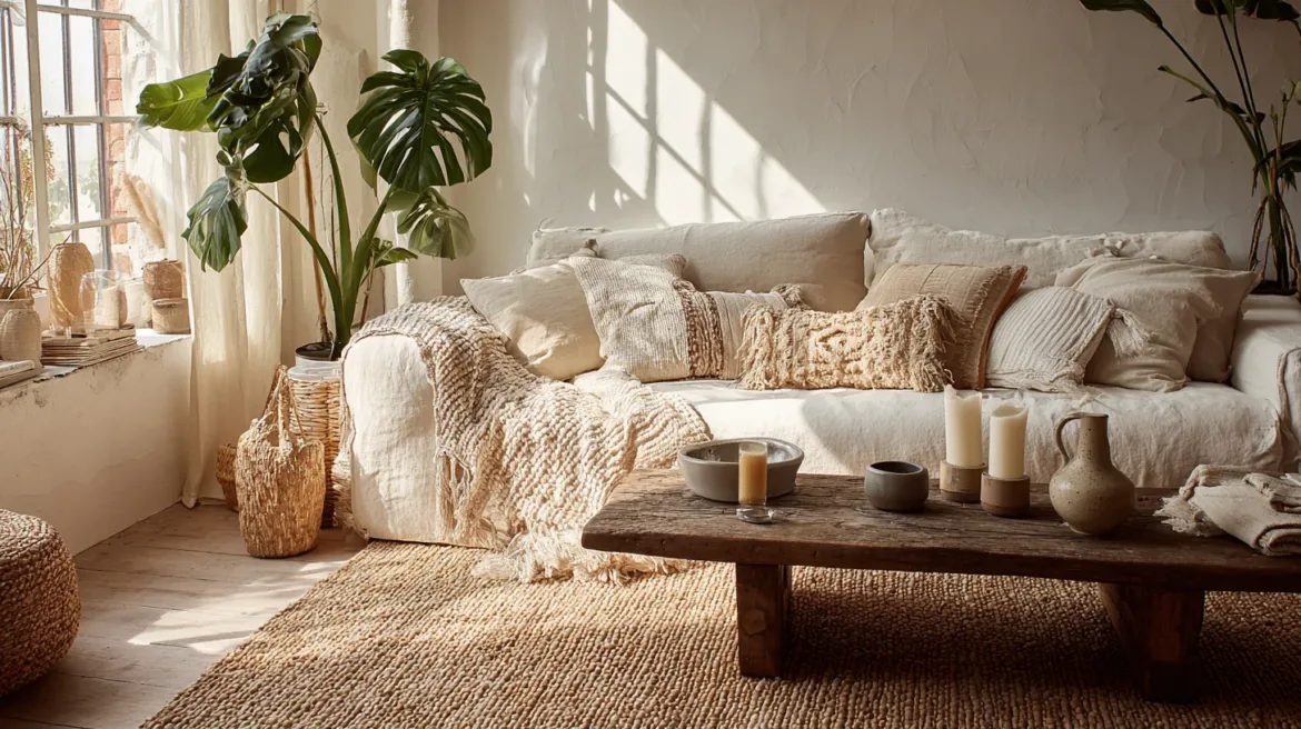 Wohnzimmer einrichten mit Leinensofa, Monstera und Vintage-Couchtisch im warmen Nachmittagslicht - mit KI visualisiert