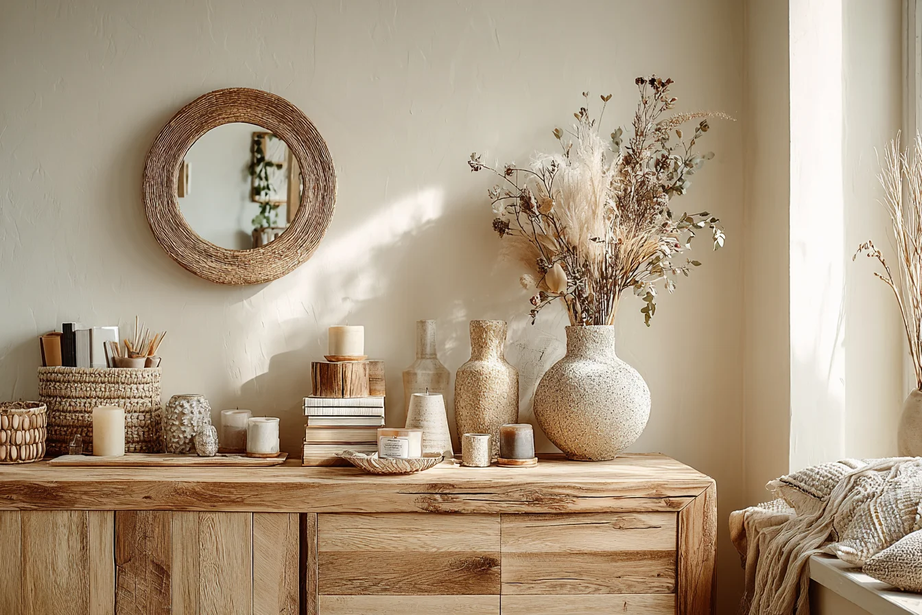 Sideboard mit kuratierter Deko und Rundspiegel - mit KI visualisiert.