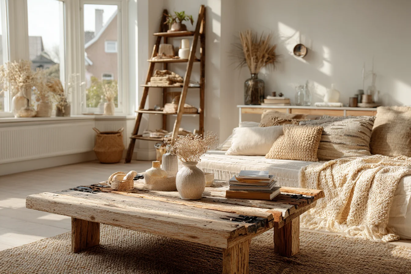 Vintage-Couchtisch mit Patina, Büchern und Keramikvase im Wohnzimmer - mit KI visualisiert.