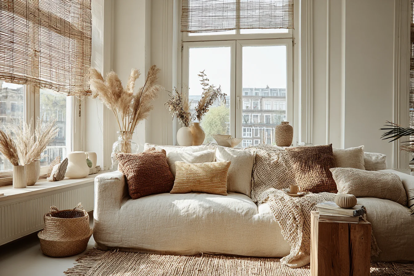 Kompaktes Wohnzimmer in Erdtönen mit Senfgelb- und Terrakotta-Kissen - mit KI visualisiert.