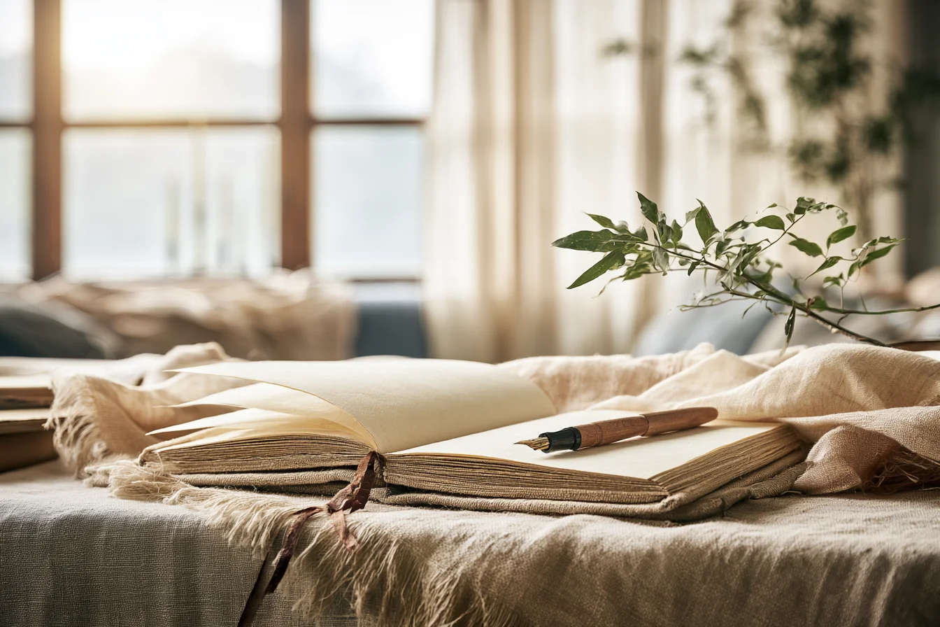 Offenes Notizbuch mit Stift auf Leinendecke im Morgenlicht zum Journaling - mit KI visualisiert. Offenes Notizbuch mit Stift auf Leinendecke im Morgenlicht zum Journaling - mit KI visualisiert.