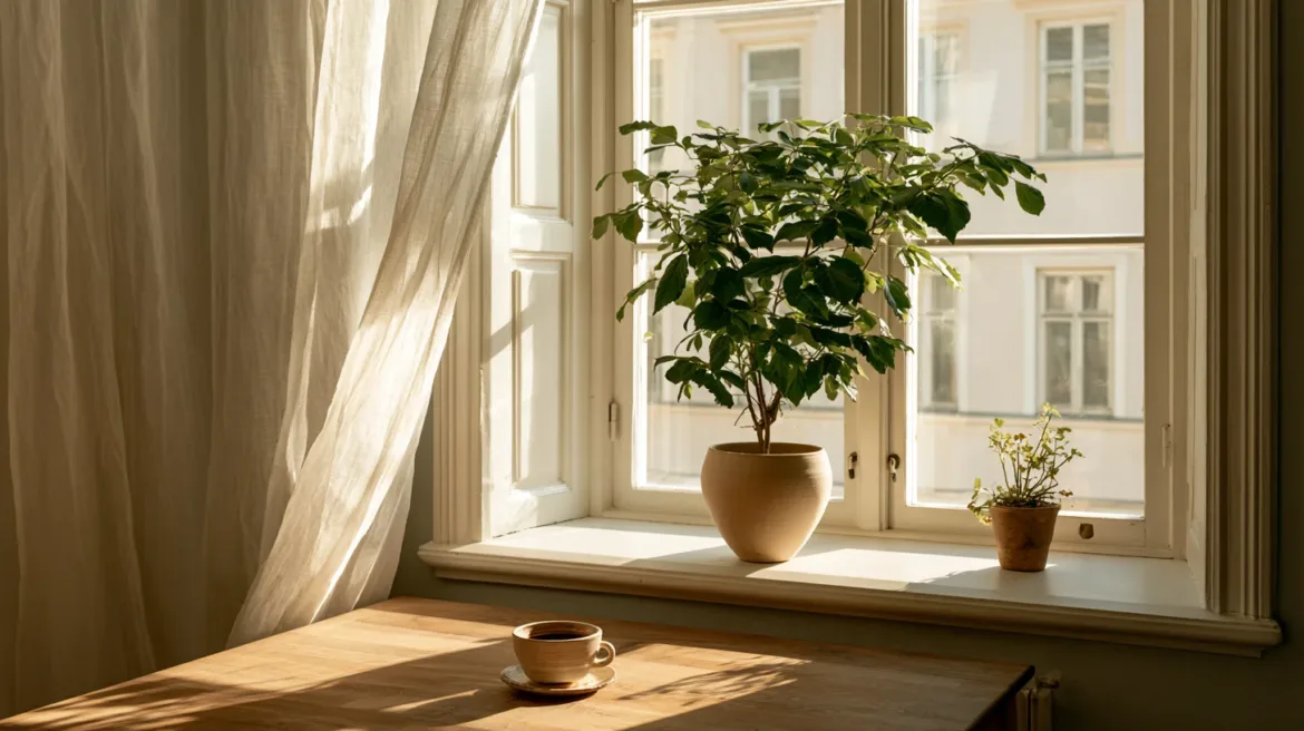 Morgenrituale - Sommermorgen in europäischer Wohnung mit offenem Fenster, Leinenvorhängen und Keramiktasse im Morgenlicht - mit KI visualisiert.