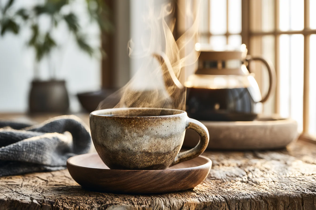 Handgebrühter Kaffee in Keramiktasse auf Holzfläche mit warmem Morgenlicht - mit KI visualisiert. Handgebrühter Kaffee in Keramiktasse auf Holzfläche mit warmem Morgenlicht - mit KI visualisiert.