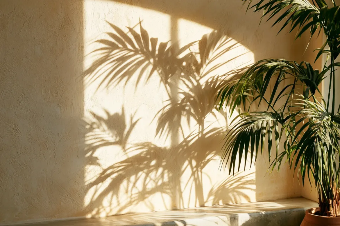 Schattenspiel von Palmwedeln auf heller Wand im Urban Jungle – mit KI visualisiert