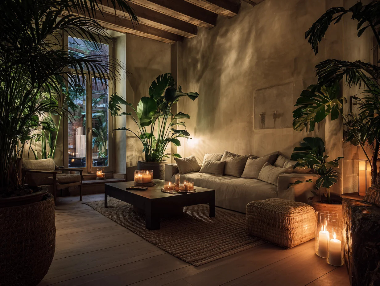 Pflanzensilhouetten im Abendlicht verwandeln ein Wohnzimmer in einen Rückzugsort – mit KI visualisiert