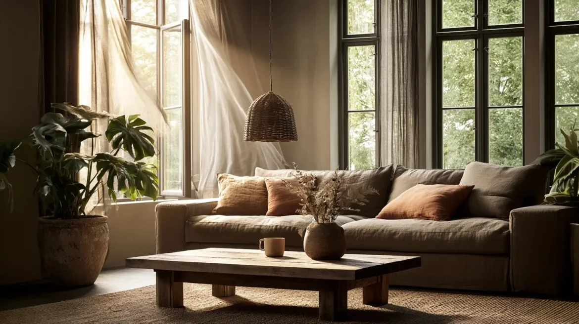 Ein Wohnzimmer mit Sommerlicht und Leinenvorhängen – das Urlaubsgefühl zu Hause – mit KI visualisiert.