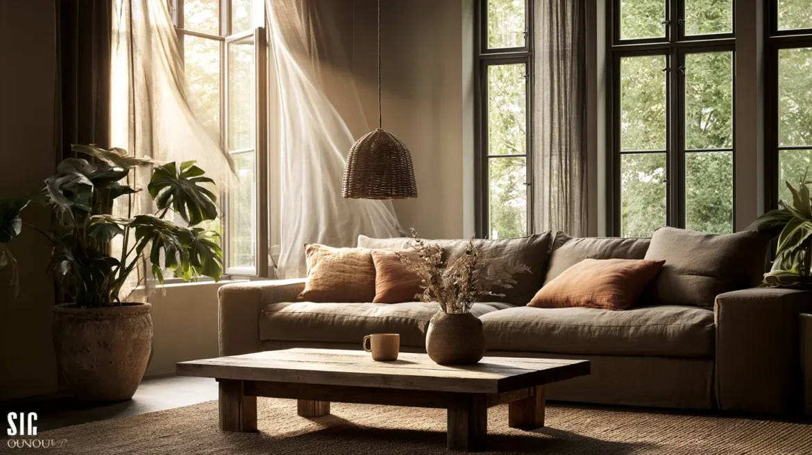 Ein Wohnzimmer mit Sommerlicht und Leinenvorhängen – das Urlaubsgefühl zu Hause – mit KI visualisiert.