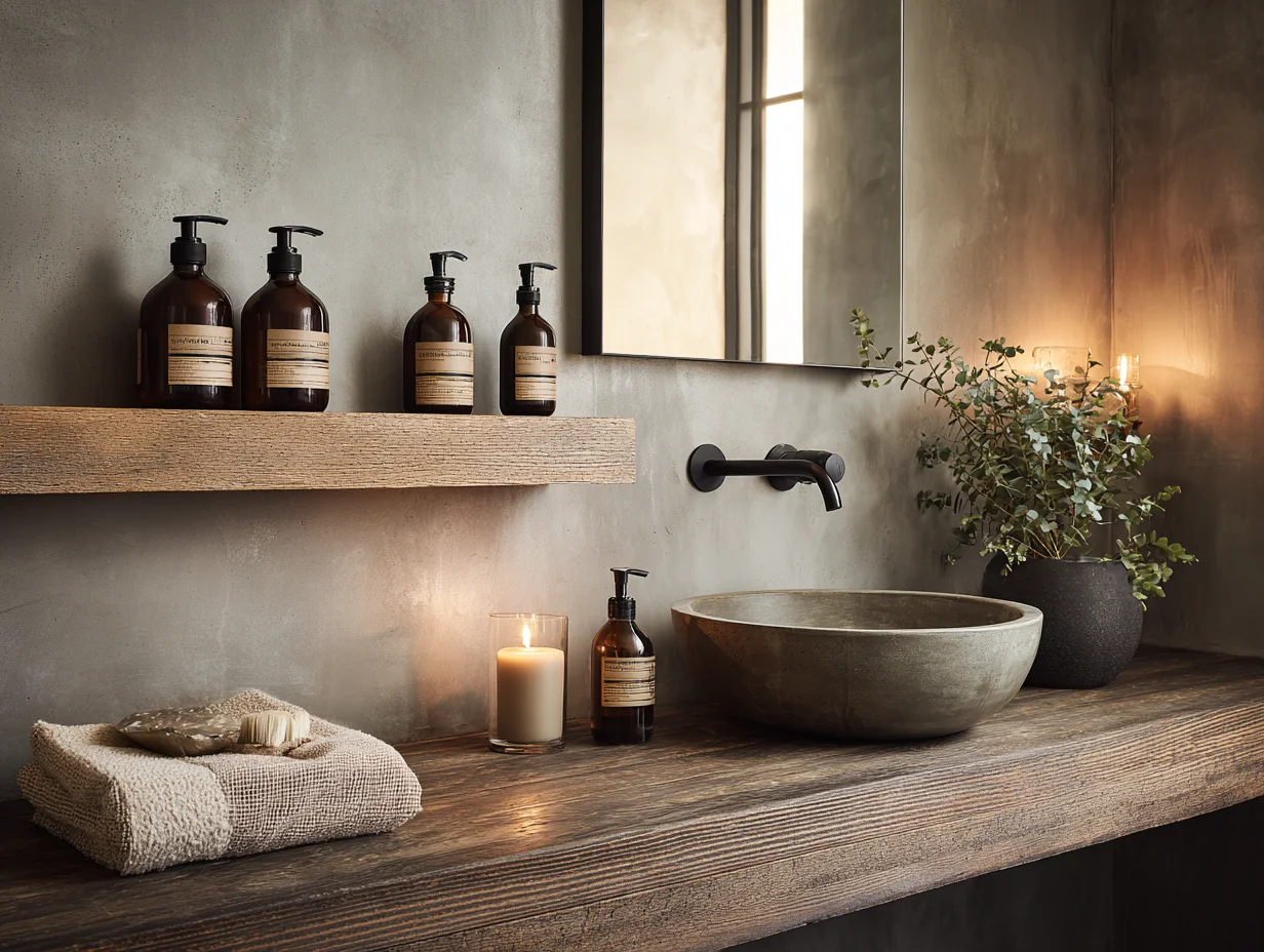 Badezimmer mit Naturkosmetik und Kerze – Urlaubsgefühl im Bad – mit KI visualisiert. Badezimmer mit Naturkosmetik und Kerze – Urlaubsgefühl im Bad – mit KI visualisiert.