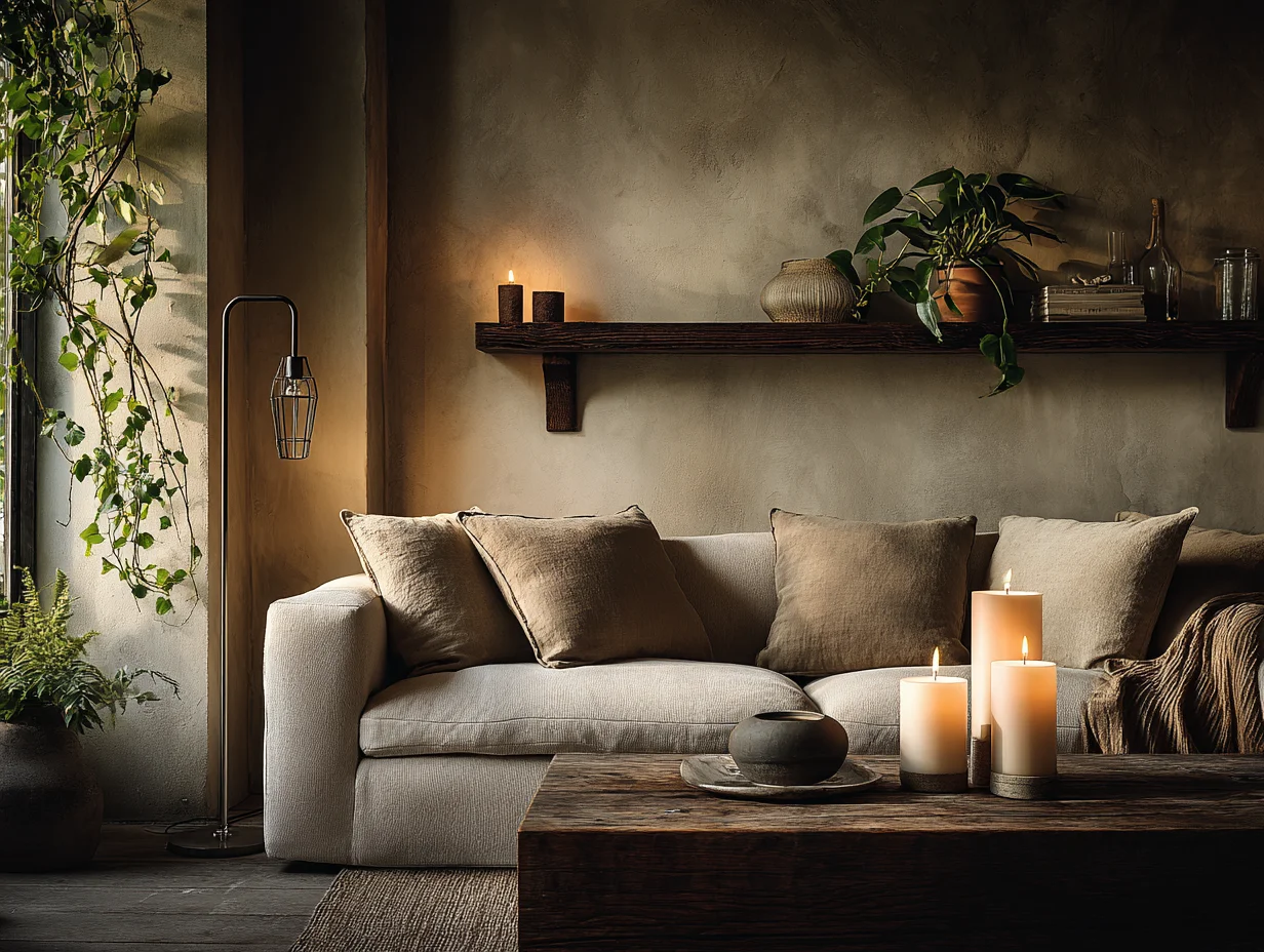 Das Wohnzimmer am Abend mit warmem Licht von Stehlampe und Kerzen – das erzeugt ein Urlaubsgefühl. Mit KI visualisiert. Das Wohnzimmer am Abend mit warmem Licht von Stehlampe und Kerzen – das erzeugt ein Urlaubsgefühl. Mit KI visualisiert.
