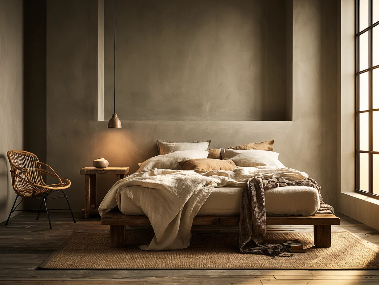 Ein minimalistisches Schlafzimmer mit Leinenbettwäsche vermittelt ein Urlaubsgefühl durch Reduktion. Mit KI visualisiert. Ein minimalistisches Schlafzimmer mit Leinenbettwäsche vermittelt ein Urlaubsgefühl durch Reduktion. Mit KI visualisiert.