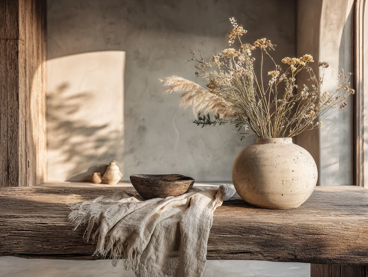 Detailaufnahme von Materialkontrasten aus altem Holz, weichem Leinen, Keramik und filigranen Trockenblumen – Wabi-Sabi, Haptik – mit KI visualisiert