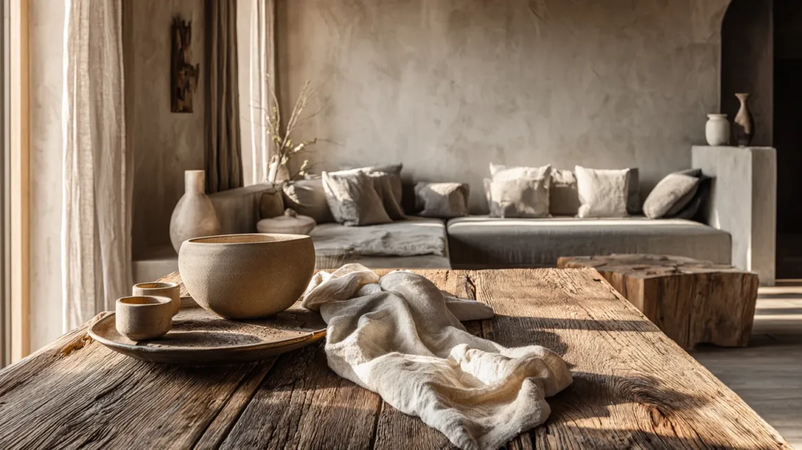 Wabi-Sabi Einrichtung: Ein Wohnzimmer im Wabi-Sabi Stil mit grobem Holztisch, unglasierter Keramik und zerknittertem Leinen – Schönheit des Unperfekten – mit KI visualisiert