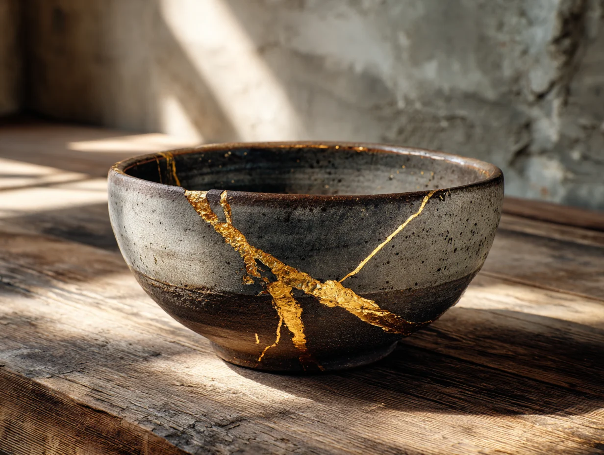 Dunkle Keramikschale mit goldener Kintsugi-Reparatur auf einem rustikalen Holztisch – Wabi-Sabi Philosophie – mit KI visualisiert