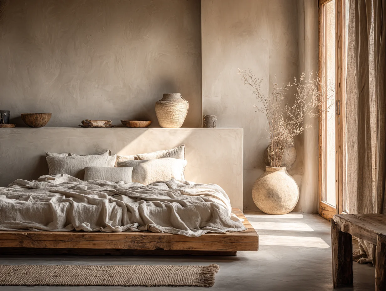 Minimalistisches Schlafzimmer in ruhigen Greige-Tönen mit Kalkputzwand und ungebügelter Leinenbettwäsche – Wabi-Sabi Schlafzimmer – mit KI visualisiert