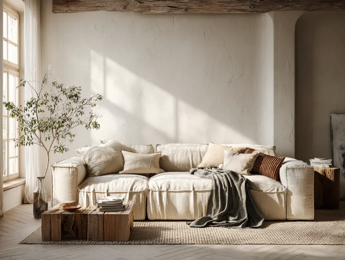 Gemütliches Wohnzimmer im Laid-back Luxury Stil mit Leinensofa, Holztisch und warmem Sonnenlicht - Urlaubsgefühl im Alltag - mit KI visualisiert