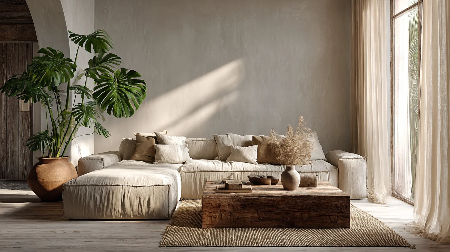Tiefes Leinensofa mit vielen Kissen und Wollüberwurf in einem gemütlichen Wohnzimmer - entspanntes Wohnen - mit KI visualisiert
