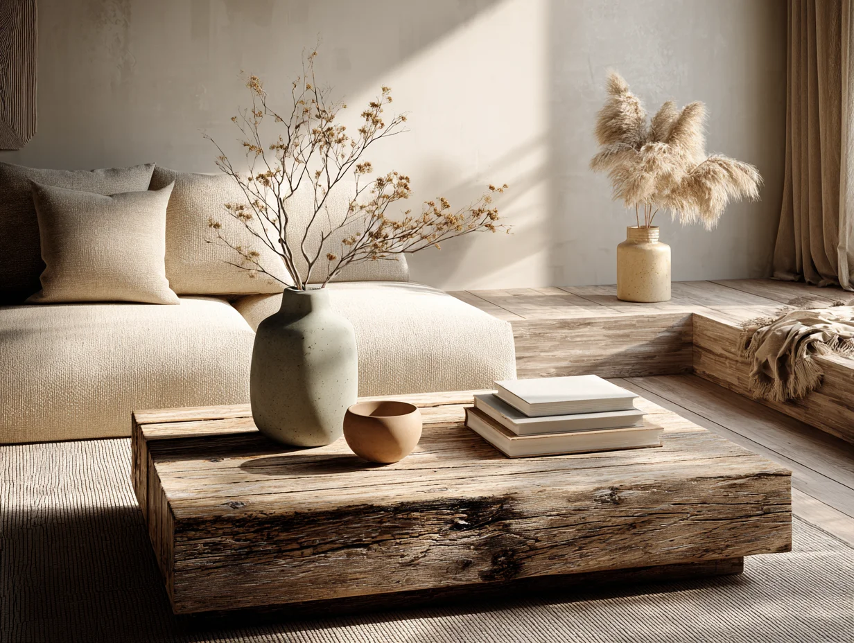 Dekoration auf einem rustikalen Holztisch mit Wabi-Sabi Keramikvase und Büchern - stilvolle Couchtisch-Deko - mit KI visualisiert