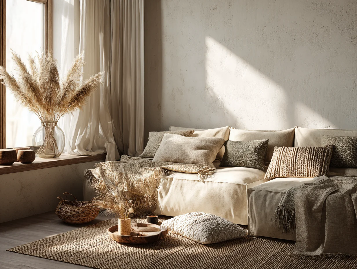 Nahaufnahme von verschiedenen Naturtextilien, Kissen, Leinen und Sisalteppich im Wohnzimmer - Materialkontraste - mit KI visualisiert