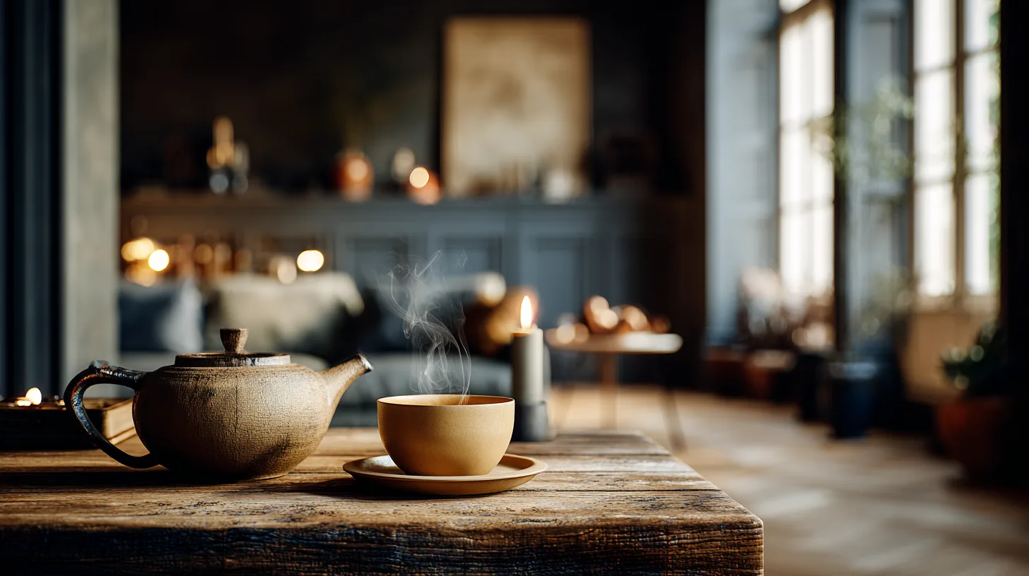 Nahaufnahme einer unglasierten Keramikteekanne mit Teetasse und sanft aufsteigendem Dampf auf einem Holztisch im warmen Kerzenschein, im Hintergrund unscharfes Fischgrätparkett - mit KI visualisiert.