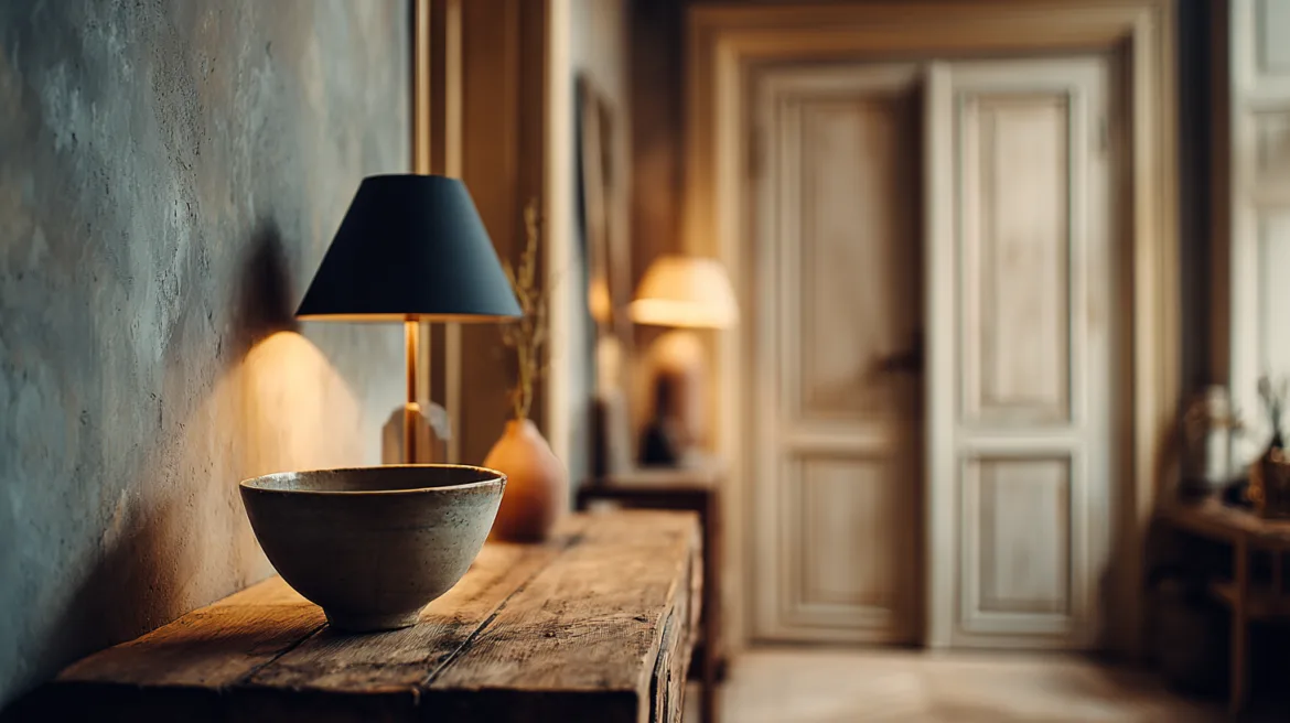 Abendrituale - Nahaufnahme einer minimalistischen Holzkonsole im Flur mit einer Keramikschale für Schlüssel und einer warm leuchtenden Tischlampe, im Hintergrund eine unscharfe weiße Altbau-Flügeltür - mit KI visualisiert.